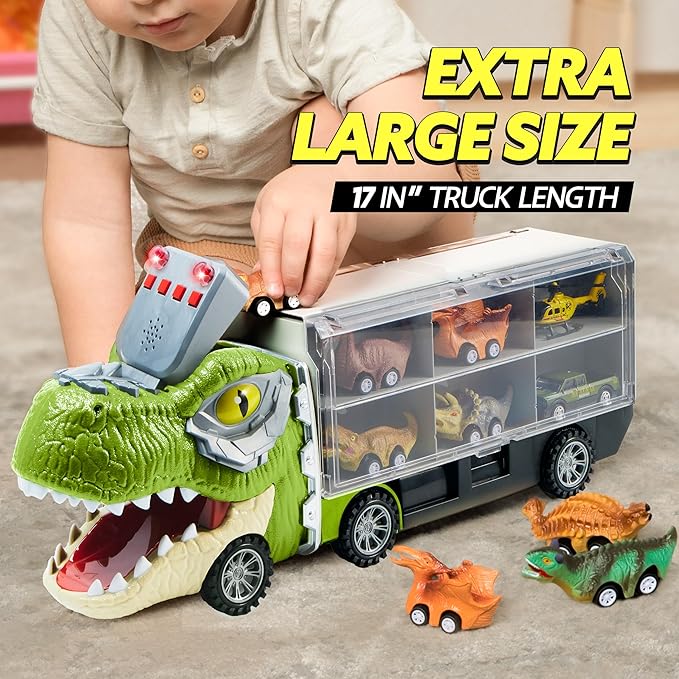 JOYIN 13 in 1 Dinosaur Toys for Kids 3-5, Dinosaur Truck with 12 Pull Back Cars, Birthday Gifts Toys for 3 4 5+ Year Old Boy, Transport Carrier Truck for Toddlers, Christmas Great Gifts for Grandkids