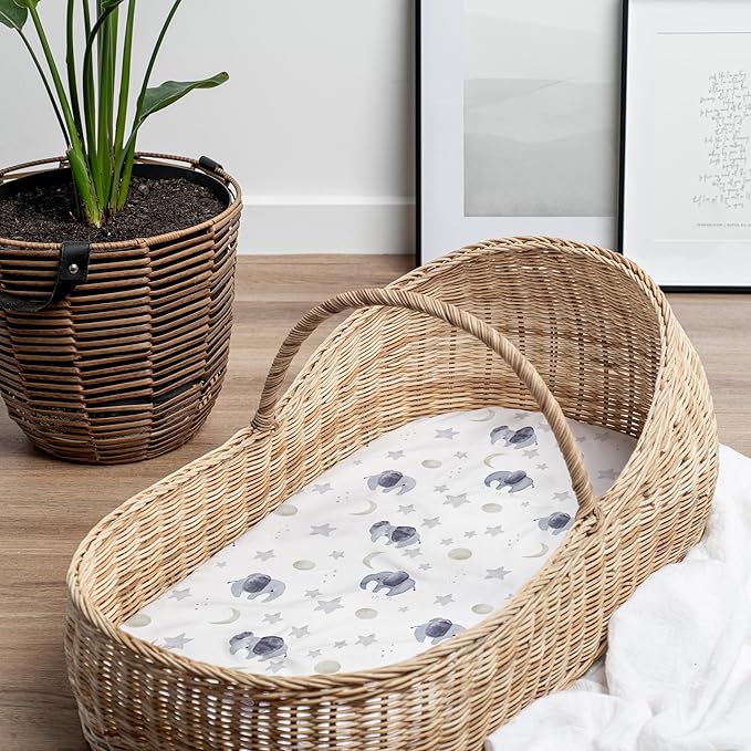 Baby Bassinet Sheets for Boy, Girl (Watercolor Elephants) 2-Pack - Fitted Bedside Bassinet Sheets - Buttery Soft Cotton Blend for Standard Mattress Pad - Compatible with Halo BassiNest