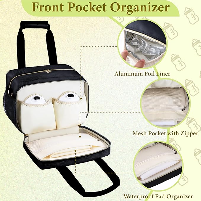 Breastmilk Cooler Bag with Ice Pack, Wearable Breast Pump Storage Bag, Insulated Bottle Travel Bag Compatible with Momcozy/Elvie/Willow, Fits Baby Bottles up to 9 Ounce with Shoulder Strap Black Mini