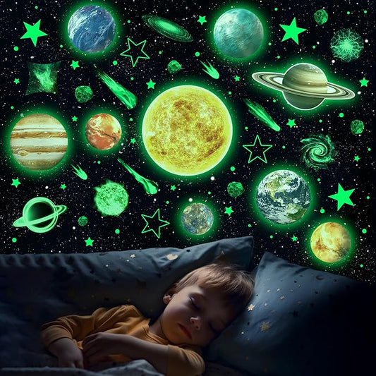 Glow in The Dark Stars and Planets for Ceiling, Robmoda Glow Solar System Wall Stickers, Space Wall Decals for Kids Boys Room (Green)