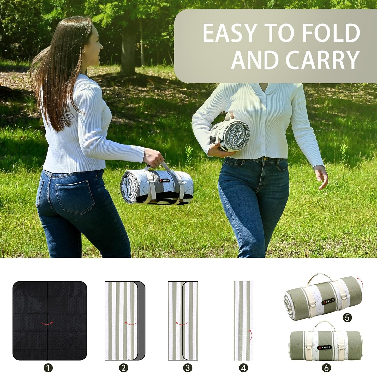 HX&OD Outdoor Picnic Blanket Extra Large, 80''*80' Waterproof Picnic Mat with Stakes Foldable Camping Blanket Portable with Carry Strap for Beach Mat (Green, 80''*80'')