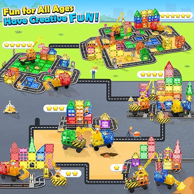 106PCS Magnetic Tiles Road Construction Set - STEM Magnet Building Blocks with Excavator & Crane - Educational Toys Games for Kids Ages 3-12 - Toddler Toys Gifts for Boys and Girls