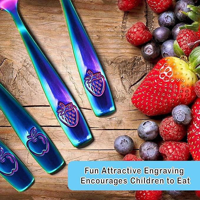 CHILLOUT LIFE Stainless Steel Kids Silverware Set 6 Pieces - Child and Toddler Safe Flatware - Kids Utensil Set - Metal Kids Cutlery Set (Includes 3 Small Kids Spoons & Kids 3 Forks, UV Rainbow)