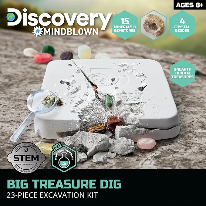 Discovery™ Big Treasure Dig STEM Kit – 23-Piece Excavation Set for Kids| Dig for 15 Gemstones, 4 Crystal Geodes & Pyrite Nuggets| Real Tools| Educational Geology Toy| Science Activity Gift| Ages 8+