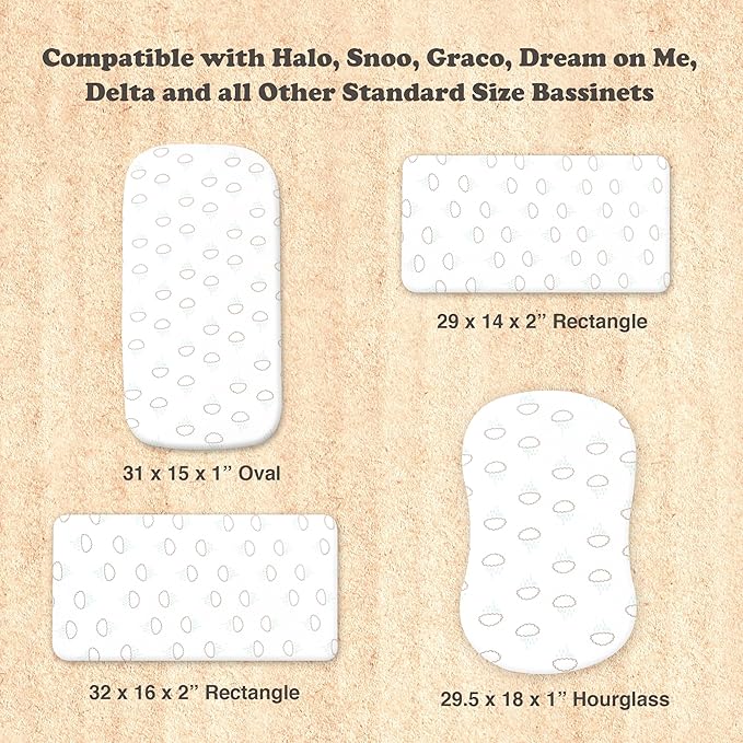 3-Pack Organic Jersey Cotton Bassinet Fitted Sheets – Fits 32 x 16 x 4 Inch Pads – Compatible with Halo, Snoo, Graco, Dream On Me, Delta – for Oval, Hourglass, and Rectangular Bassinet Mattresses