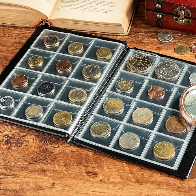 120 Pockets Coin Album - Coin Collecting Book with 10 Pages, 45x43 mm Grid Holder for Pounds Pence Cents Dollars Nickel (Black) CS48120BK