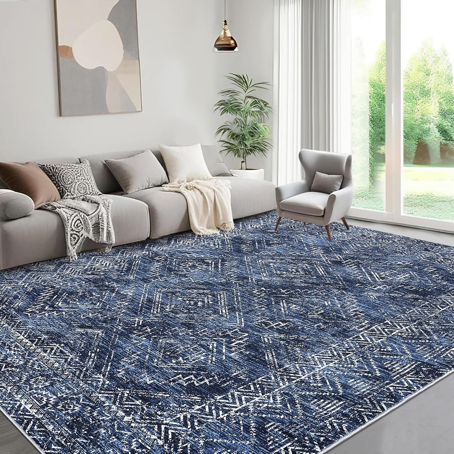 COZYLOOM Washable Area Rugs 10x13 Vintage Non Slip Low Pile Rug Soft Throw Floor Cover Geometric Tribal Foldable Indoor Carpet for Living Room Bedroom Playroom Nursery, Blue