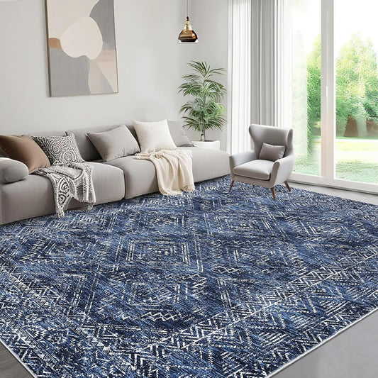 COZYLOOM Washable Area Rugs 10x13 Vintage Non Slip Low Pile Rug Soft Throw Floor Cover Geometric Tribal Foldable Indoor Carpet for Living Room Bedroom Playroom Nursery, Blue