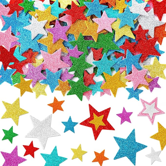 JULBEAR Colorful Glitter Star Foam Sticker, 300Pcs Stars Shapes Glitter Self Adhesive Foam Stickers for Kids Party Favors Toddler DIY Crafts Supplies Home Decorations