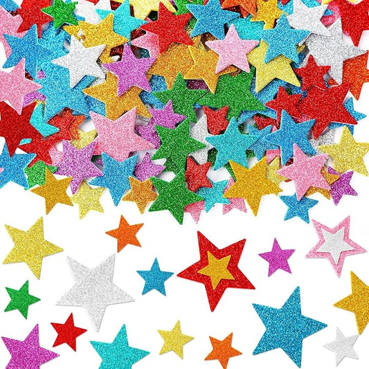 JULBEAR Colorful Glitter Star Foam Sticker, 300Pcs Stars Shapes Glitter Self Adhesive Foam Stickers for Kids Party Favors Toddler DIY Crafts Supplies Home Decorations