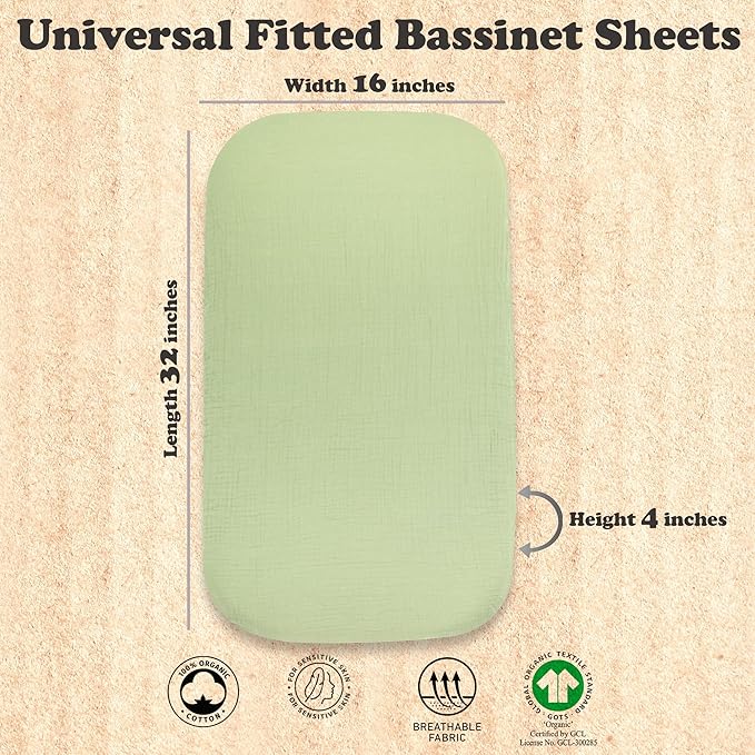 3-Pack Organic Muslin Bassinet Fitted Sheets, Compatible with Halo, Snoo, Graco, Dream On Me, Delta, and Other Standard Size Bassinets - Fits Oval, Hourglass, & Rectangle Shapes (32 x 16 x 4 Inches)