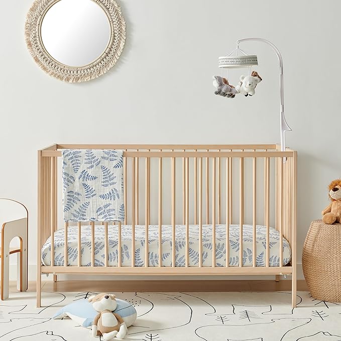 Margaux & May Organic Muslin Cotton Baby Crib Sheet, Blue Fern Print, Fitted, Breathable, Toddler Bedding, 52 x 28, Deep Pocket, Organic Crib Sheets for Cozy Sleep