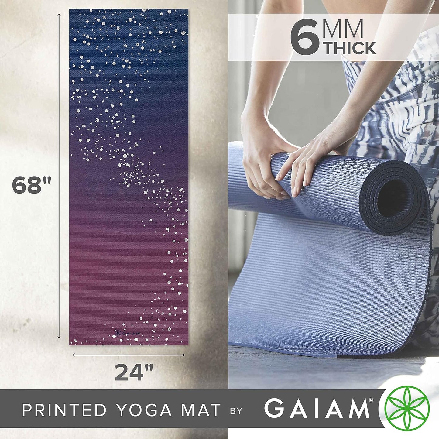 Gaiam Yoga Mat - Premium 6mm Print Extra Thick Non Slip Exercise & Fitness Mat for All Types of Yoga, Pilates & Floor Workouts (68"L x 24"W x 6mm Thick)