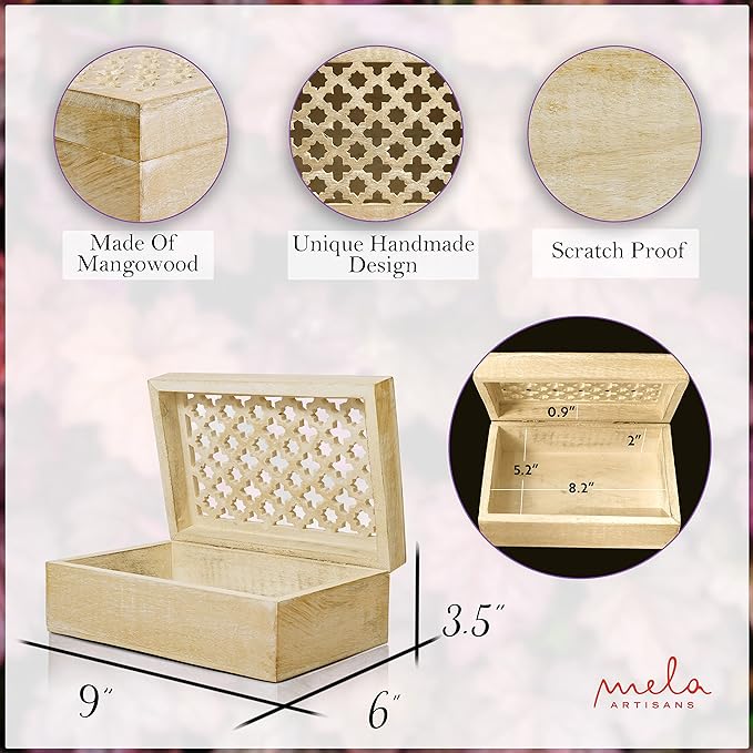 Mela Artisans Wooden Keepsake Box | Whitewash Mango Wood Memory & Photo Storage Box with Hinged Lid | Decorative Storage Box | Large | 9x6x3.5 Inch