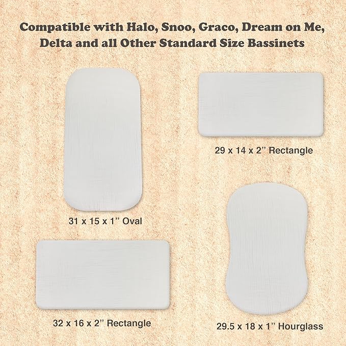 3-Pack Organic Muslin Bassinet Fitted Sheets, Compatible with Halo, Snoo, Graco, Dream On Me, Delta, and Other Standard Size Bassinets - Fits Oval, Hourglass, & Rectangle Shapes (32 x 16 x 4 Inches)