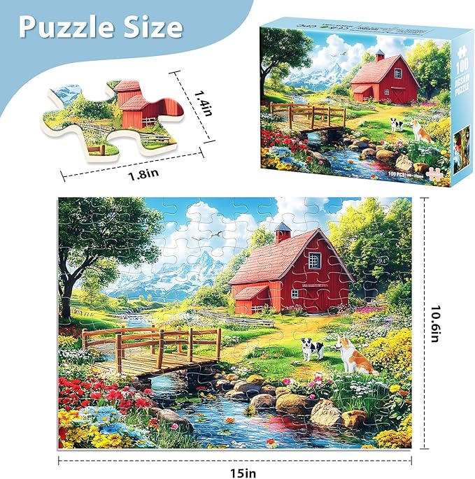 Jeaiciro 100 Piece Puzzles for Kids Ages 4-6 & 8-10, Farm Countryside Jigsaw Puzzle for Kids and Adults Educational Toys Fun Large Pieces Puzzles for Seniors Family Activity Gifts for Kid