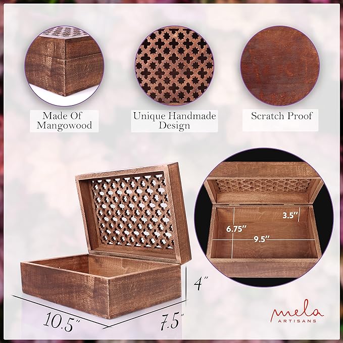 Mela Artisans Wooden Keepsake Box | Medium Polish Mango Wood Memory & Photo Storage Box with Hinged Lid | Decorative Storage Box | Extra Large | 10.5x7.5x4 Inch