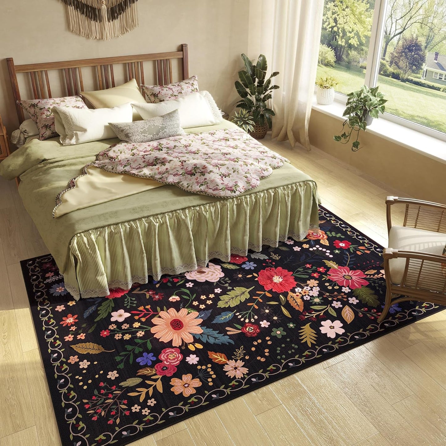 5x7 Washable Rug for Living Room, Floral Black Area Rug, Non Slip Low Pile Soft Flower Carpet, Large Rugs for Bedroom, Dining Room, Office, Kids Playroom, Nursery