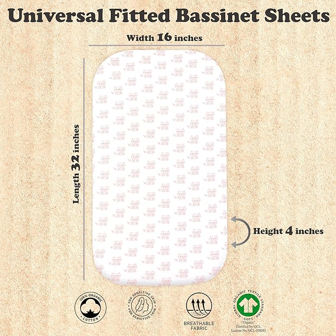 Bassinet Sheets Girl– 3-Pack Soft Fitted Bassinet Sheets, Organic Cotton, Breathable & Cozy, Fits 32x16x4 Inch Rectangle, Oval & Hourglass Mattresses