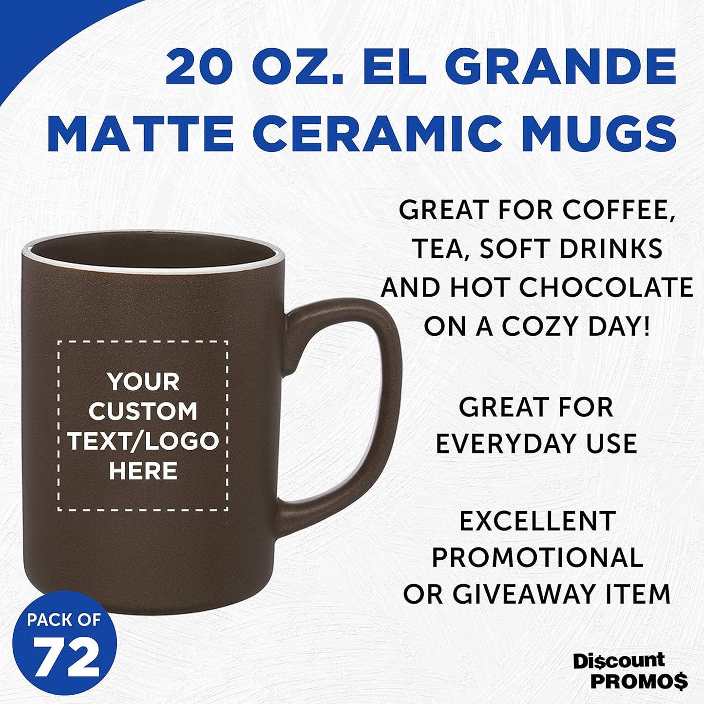 Custom El Grande Matte Ceramic Mugs 20 oz. Set of 72, Personalized Bulk Pack - Perfect for Tea, Espresso, Cappuccino, Hot Cocoa - Dark Brown