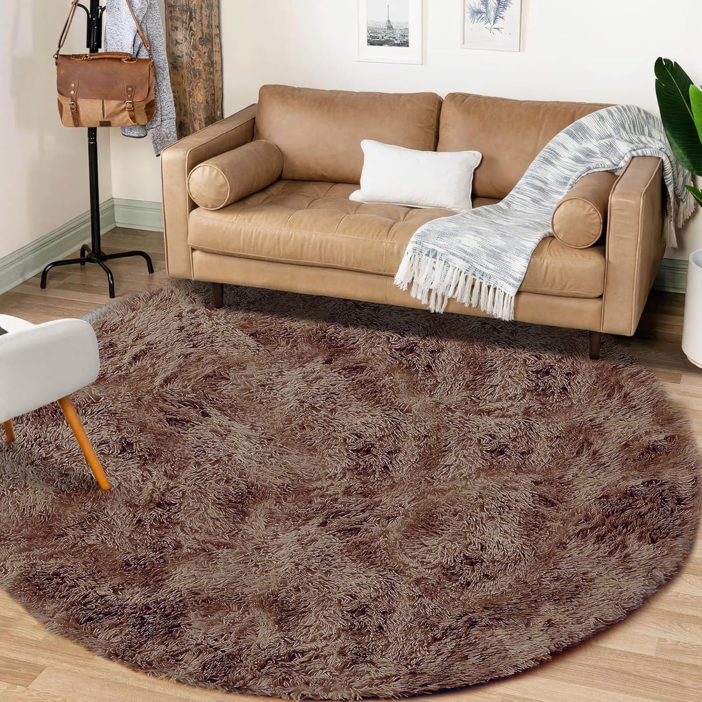 4FT Round Rug for Bedroom: Fluffy Shag Soft Washable Rugs Circle Small Fuzzy Plush Indoor Carpet for Living Room Nursery Playroom Dorm Kids Girls Boys Room (Coffee, 4'x4')