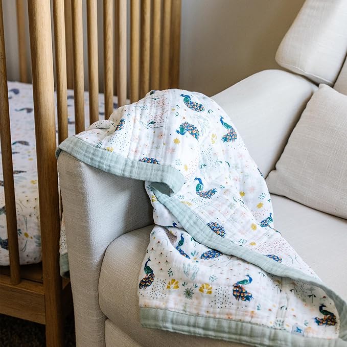 Little Unicorn Newborn Receiving Quilt | Ultra- Soft, Multi-Layered Muslin Fabric | Gift for Newborns & on-The-go (Peacock)
