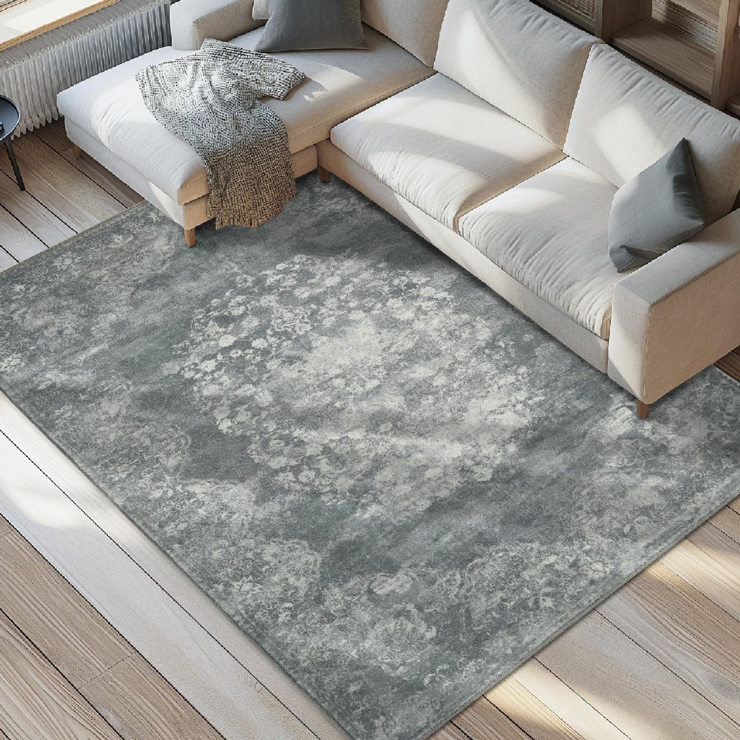 jinchan Vintage Floral 4x6 Area Rugs - Machine Washable Distressed Design Soft Ultra-Thin Low-Pile Non-Slip Carpet for Entryway Kitchen Bedroom Nursery Living Room Dining Room (4x6ft,Grey)