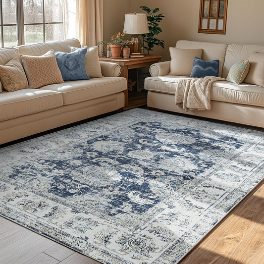 jinchan Vintage Floral 5x7 Area Rugs for Bedroom - Machine Washable Distressed Design Stain Resistant Boho Carpet Ultra-Thin Low Pile Non-Slip Rug for Living Room Dining Room Kitchen (5‘x7',Dark Blue)