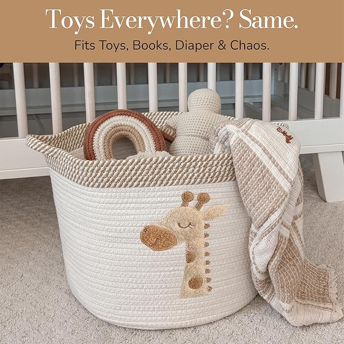 Giraffe Storage Basket for Nursery – Large 15”x11” Cotton Rope Bin with Soft Felt Animal Patch – Toy Organizer, Baby Laundry Hamper, Diaper & Towel Holder – Foldable, Washable & Baby-Safe