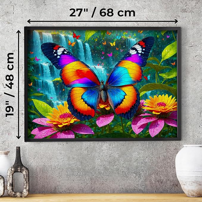 1000 Pieces Jigsaw Puzzle – Matte Finish, Soft Touch, Easy to Assemble, Tight Fit, Vivid Colors, Missing Pieces Service – Rainbow Butterfly and Flowers in Waterfall Forest – by ENJOY Puzzle