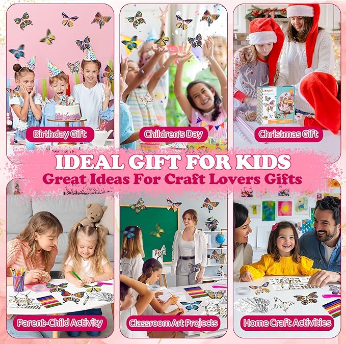 JOY SPOT! 28 Pack DIY Butterfly Craft Kit for Kids, 16 Paper Butterflies and 13 Color Pens, Make Your Own Rubber Band Wind Up Butterfly Toy, Perfect for Party Games, School Activities, Surprise Cards