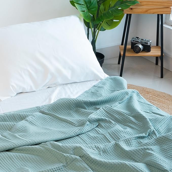Salt Earth GOTS Certified 100% Organic Cotton Throw Blanket, 60" X 80" Blankets & Throws for Bed, Throw Blanket for Couch,Modern & Cozy Blanket, All Seasons Waffle Blanket, Soft Blanket (Silver Blue)