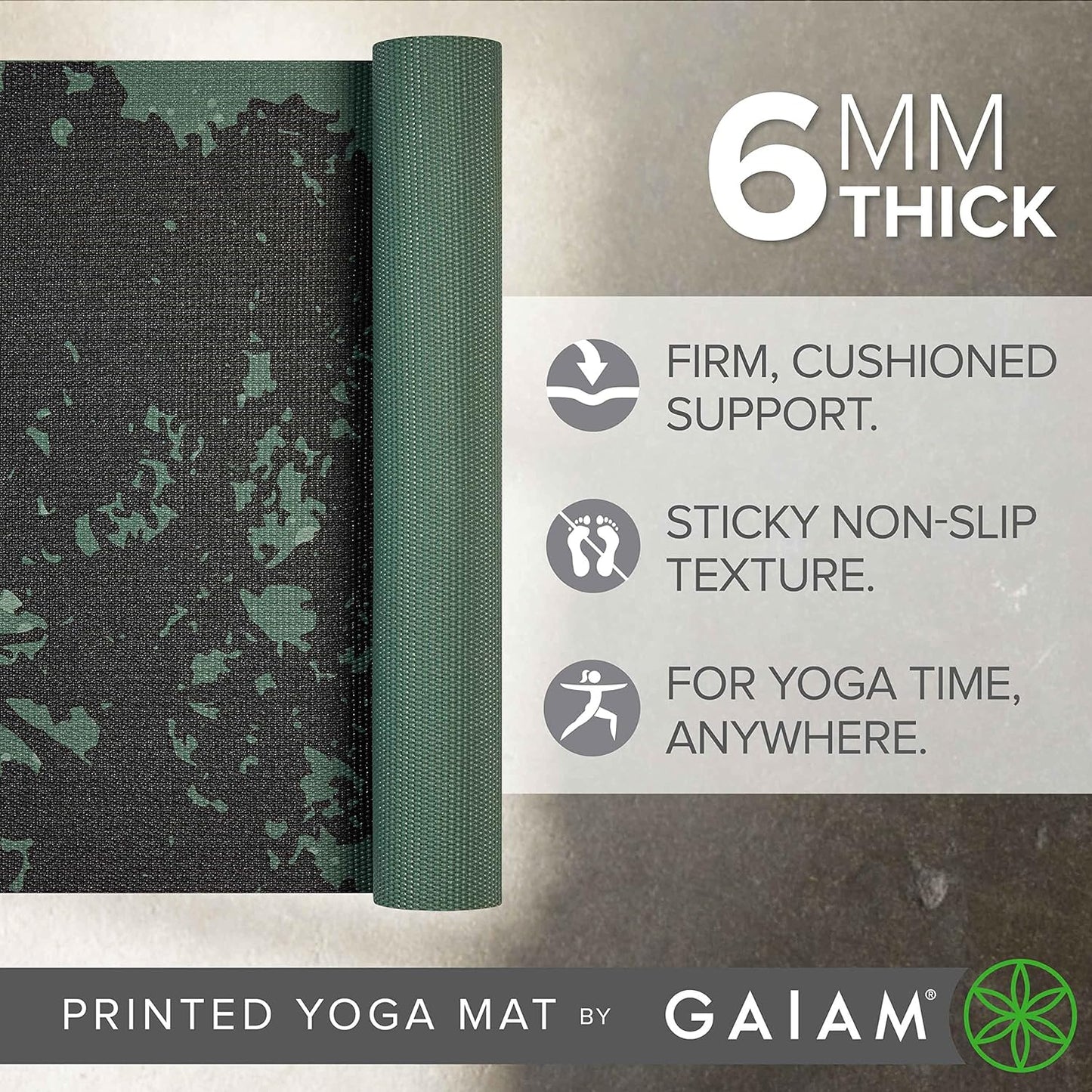 Gaiam Yoga Mat - Premium 6mm Print Extra Thick Non Slip Exercise & Fitness Mat for All Types of Yoga, Pilates & Floor Workouts (68"L x 24"W x 6mm Thick)