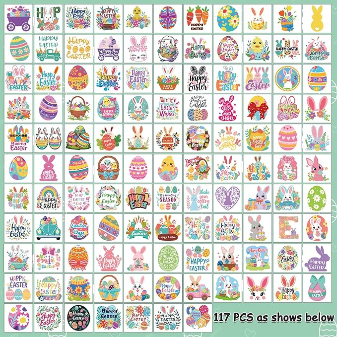117 PCS Easter Temporary Tattoos, Rabbit Colored Egg Chicks Carrot Water Transfer Stickers for Kids Boys and Girls Birthday Party Favors, Children Easter Basket Stuffers