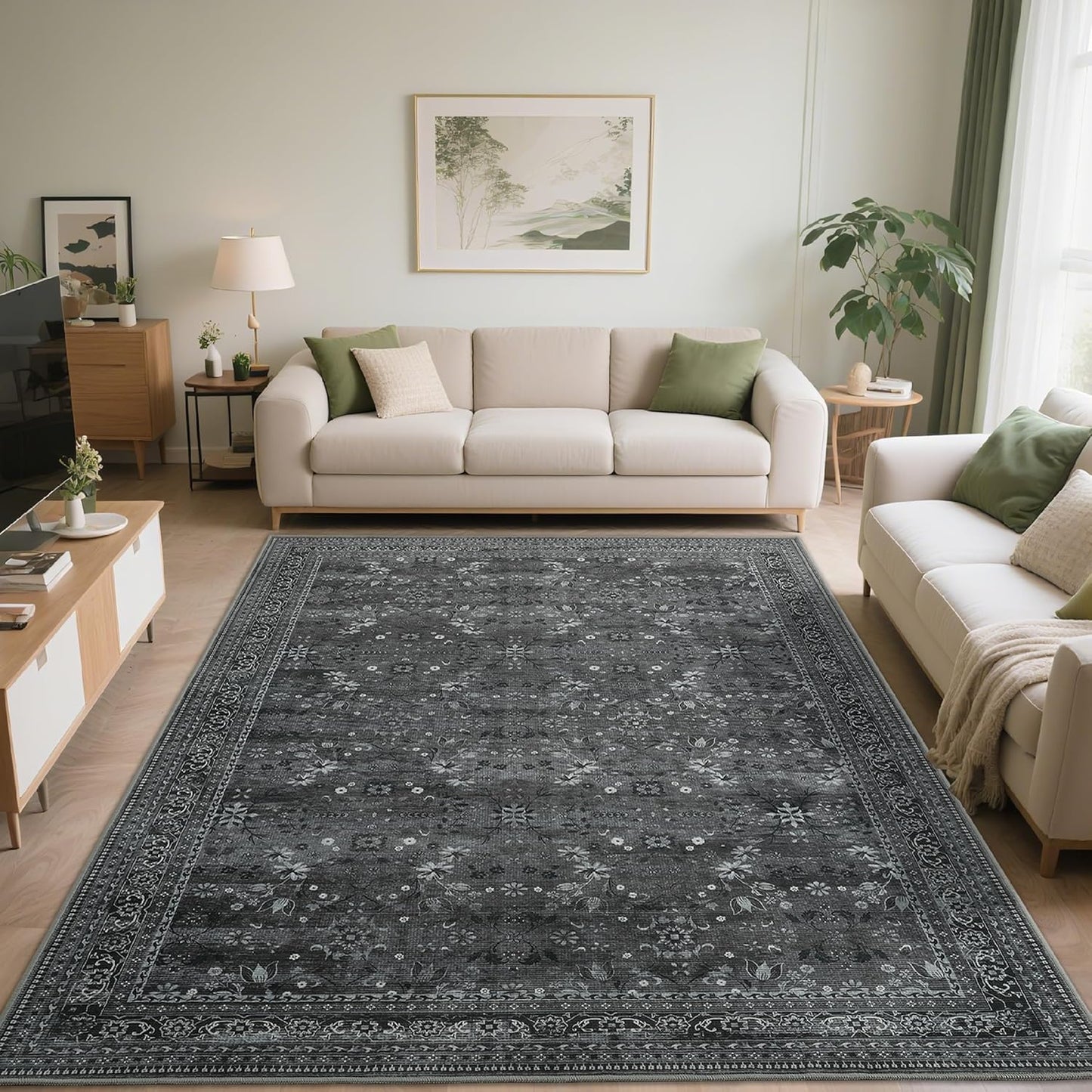 5x7 Machine Washable Area Rug for Living Room Bedroom, Vintage Kitchen Rugs Non Slip, Traditional Indoor Floor Floral Print Carpet for Dining Room, Farmhouse, Office Classroom Black/Gray