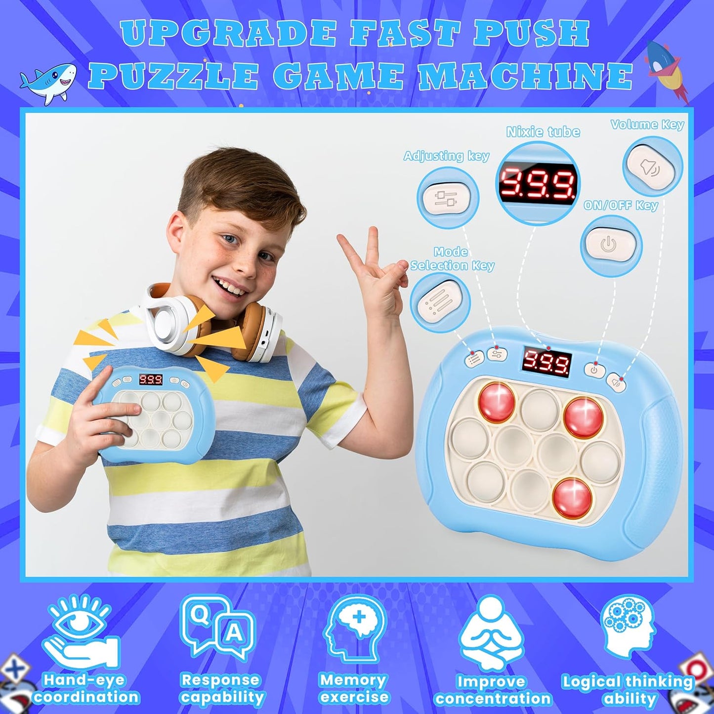 Upgraded Fast Quick Game Pop Bubble Up Toys for Kids, Funny Toys with LED Screen for Kids 3-12 for Girls and Boys Bubble Stress,Handheld Puzzle Game Sensory Toys(Batteries Included) (White-Blue)