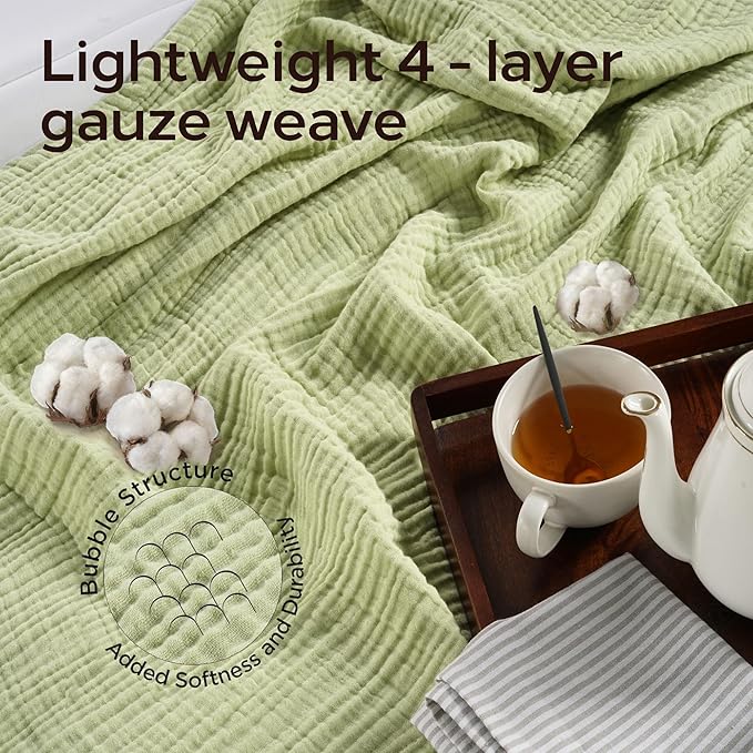 Threadmill King Size Muslin Blanket | 4 Layer Lightweight Gauze for All Seasons | Soft, Breathable, and Cozy Picnic Blankets | Lighweight Summer Blanket Fits Cal King Size Bed | Sage Green