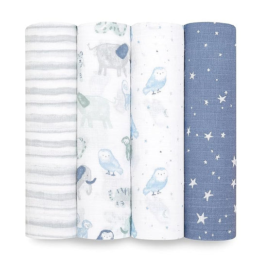 aden + anais Essentials Swaddle Blanket, Boutique Muslin Blankets for Girls & Boys, Baby Receiving Swaddles, Ideal Newborn & Infant Swaddling Set, Perfect Shower Gifts, 4 Pack, Time to Dream