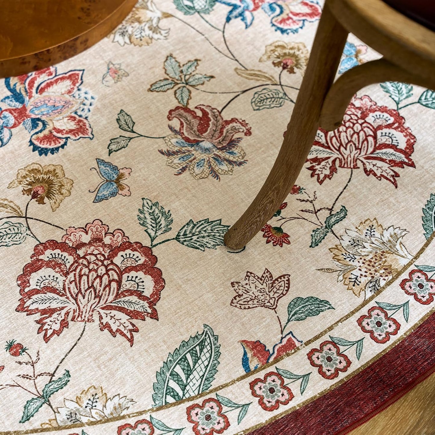 jinchan Floral Corner Rug for Living Room Washable Bedroom Rug Vintage Romance Design Non Slip Quarter Circle Lightweight Low-Pile Throw Carpet for Reading Nook Playroom,7ft Radius, Red/Beige