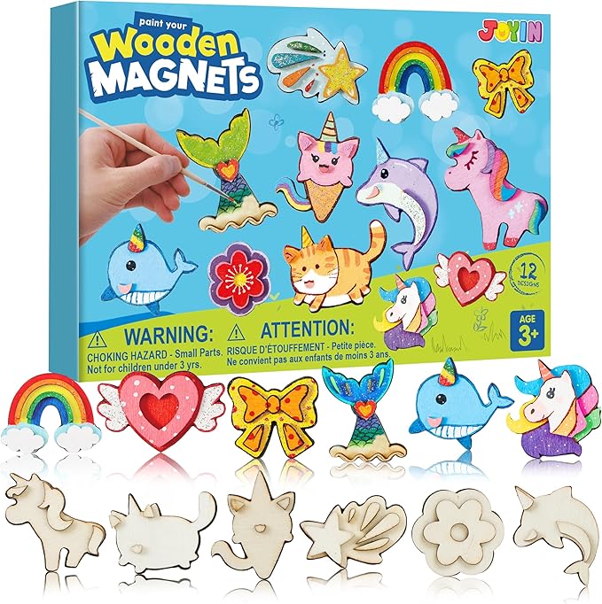 JOYIN 12 pcs Fantasy Wooden Magnets, Kids Unicorn Painting Craft, Spring and Rainy Day Activities School Art Projects, Toys for Kids Aged 3+ Birthday Easter