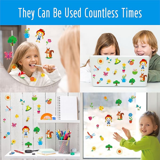 42PCS Summer-Theme Jelly Stickers, Butterfly Flower Farm Thick Window Door Clings Removable Reusable Gel Decals for Kids Toddlers Adults Home Classroom Decoration Party Supplies (Not Edible)