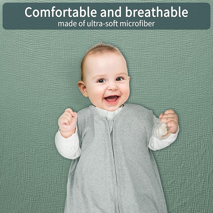 Muslin Crib Sheets for Boys Girls 100% Cotton Fitted Baby Crib Sheet 2 Pack Soft and Breathable for Standard Crib Mattress & Toddler Mattress 52x28in (Gray & Green)