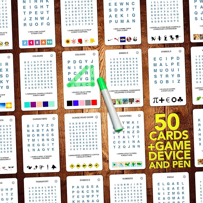 100 PICS Word Search Travel Game - 100 Puzzles with Picture Clues | 50 Wipe Clean Cards with Slide Reveal case and Pen | Activity, Gift, Stocking Stuffer | for Kids and Adults, Age 6+