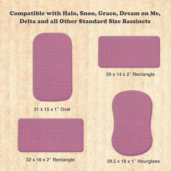 3-Pack Organic Muslin Bassinet Fitted Sheets, Compatible with Halo, Snoo, Graco, Dream On Me, Delta, and Other Standard Size Bassinets - Fits Oval, Hourglass, & Rectangle Shapes (32 x 16 x 4 Inches)