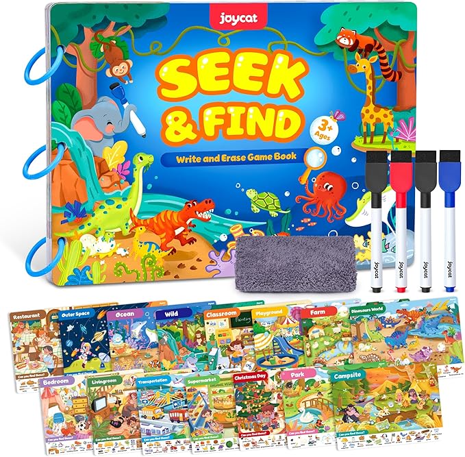 JoyCat Seek & Find Game Books - Preschool Learning Activity for Toddlers & Kids Ages 3-5, Travel Activities Toys for Road Trip Car Airplane, Busy Book, Birthday Gifts for Girls and Boys Ages 4-8