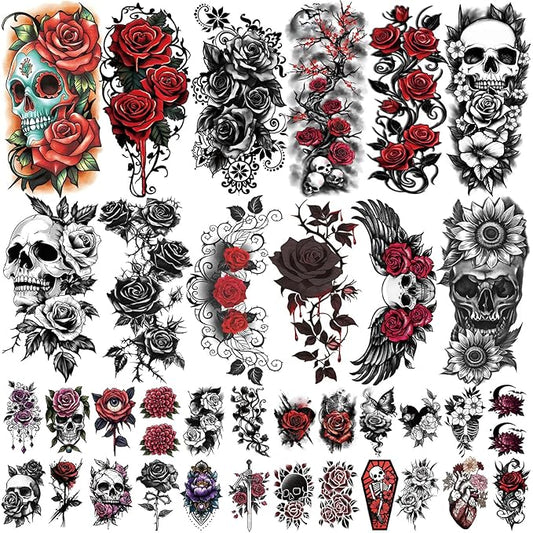 77 Sheets Flowers Skeleton Skull Temporary Tattoo for Women Men, 17 Half Arm Dark Gothic Punk Rocker Butterfly Fake Tattoos, 60 Scary Halloween Cosplay Tiny Adult Kid Body Tattoos Stickers Realistic