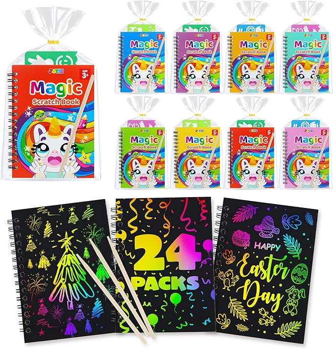 JOYIN 24 Pack Scratch Rainbow Art Notebook, Party Favors for Kids, Art Crafts Kit, Goodie Bags Stuffers for Girls Boys, Return Gifts for Birthday, Classroom Prizes, Bulk Gifts for Valentines Easter