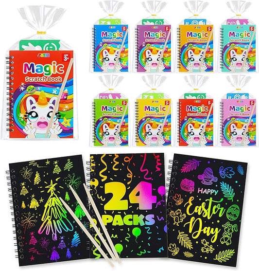 JOYIN 24 Pack Scratch Rainbow Art Notebook, Party Favors for Kids, Art Crafts Kit, Goodie Bags Stuffers for Girls Boys, Return Gifts for Birthday, Classroom Prizes, Bulk Gifts for Valentines Easter