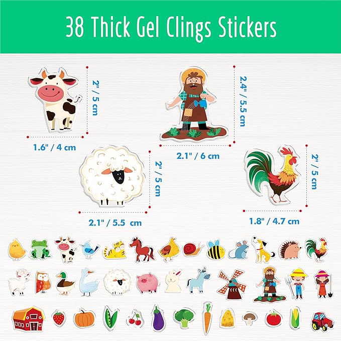 38PCS Farm Animal Jelly Stickers, Thick Window Door Clings Removable Reusable Gel Clings Decals for Kids Toddlers Adults Home Classroom Nursery Animal Party Supplies Decorations (Not Edible)