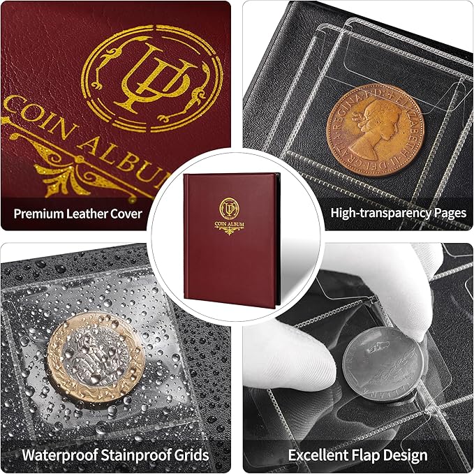 120 Pockets Coin Album - Coin Collecting Book with 10 Pages, 45x43 mm Grid Holder for Pounds Pence Cents Dollars Nickel (Red) CS48120RE